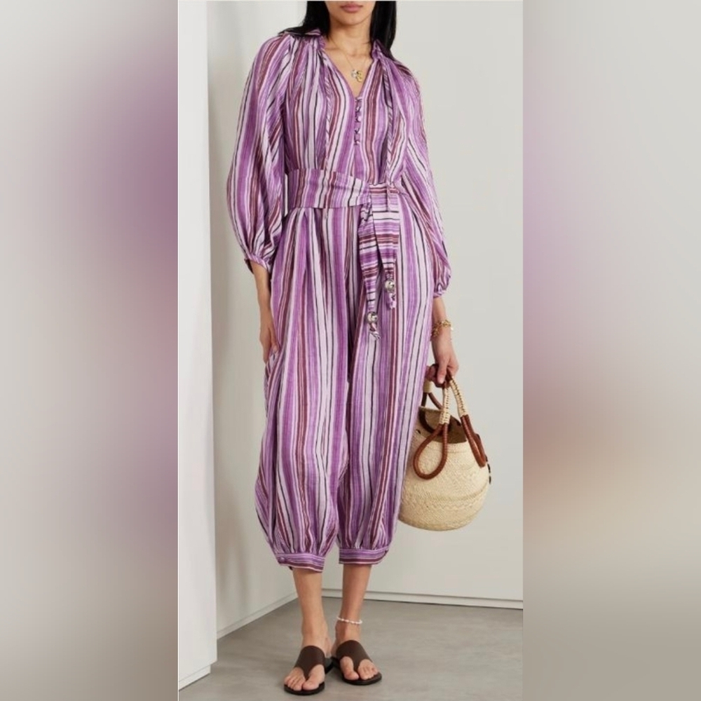 NWT Size 0 Lisa Marie Fernandez The Poet Jumpsuit in Blueberry Striped Linen